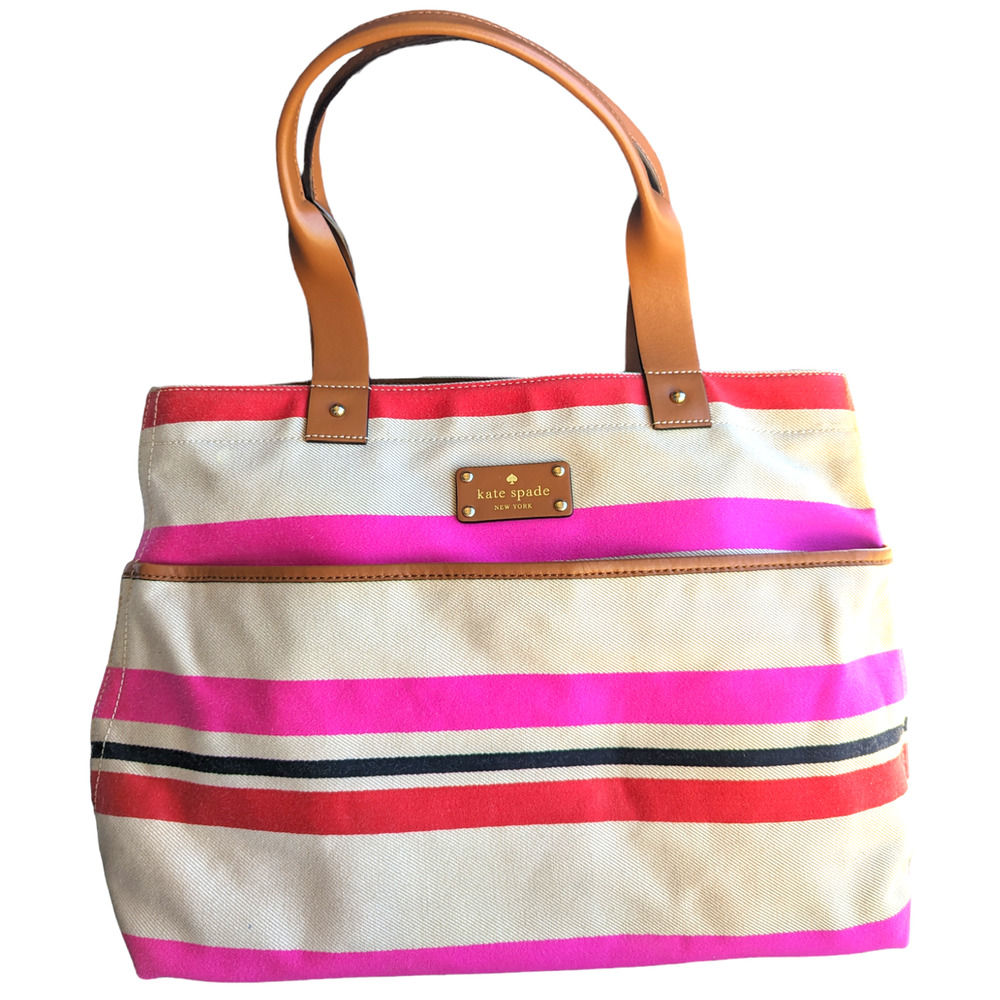 Kate Spade Oak Island Striped Tote Pink, Red, and Ivory Leather and Canvas